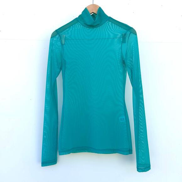 Amir Taghi Sheer Mesh Long Sleeve Top Teal Mock Neck Turquoise Medium Shirt - Picture 2 of 9